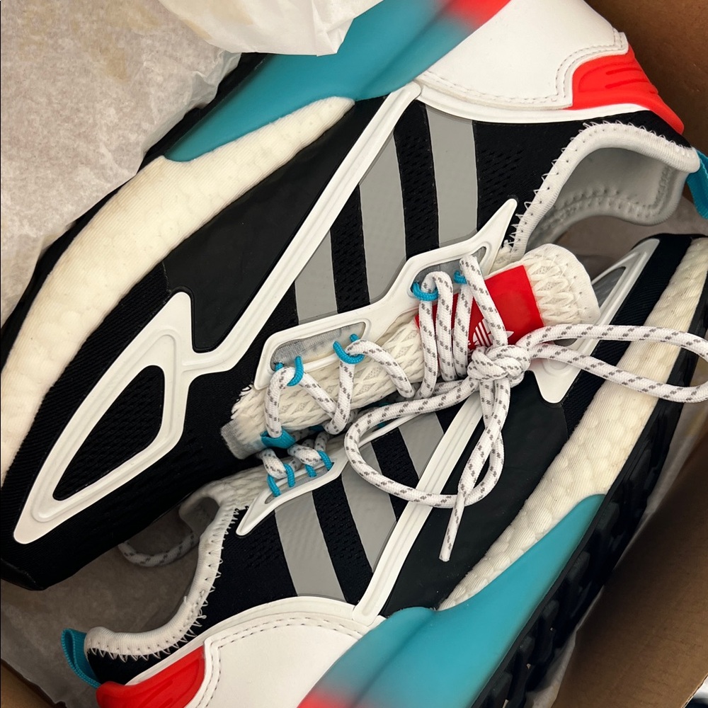 Adidas ZX 2K Boost Black and White Sneakers with Red and Blue Accents - Picture 14 of 14
